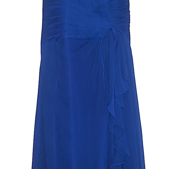 David’s Bridal Deep Blue Gown Size 8 Soft Crinkle Chiffon Halter Draped Cascade - Picture 4 of 13